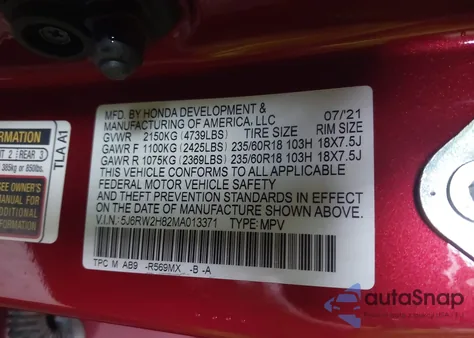 2021 Honda Cr-V Awd Ex-L z USA, uszkodzony, nr VIN 5J6RW2H82MA013371